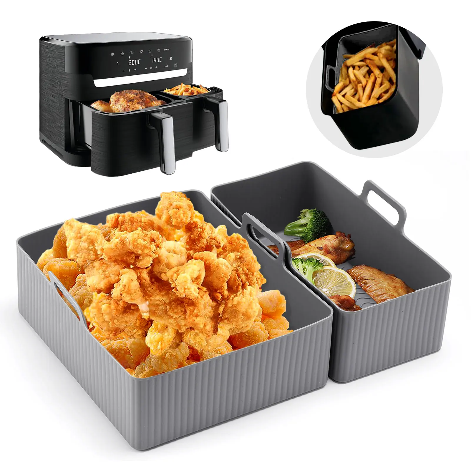 Air Fryer Silicone Pot Liner - 2個セット シリコン製エアフライヤーマット エアフライヤー用ベーキングパン型 再利用可能なオーブンベーキングトレイパッド ノンスティックバスケットライナー ポット
