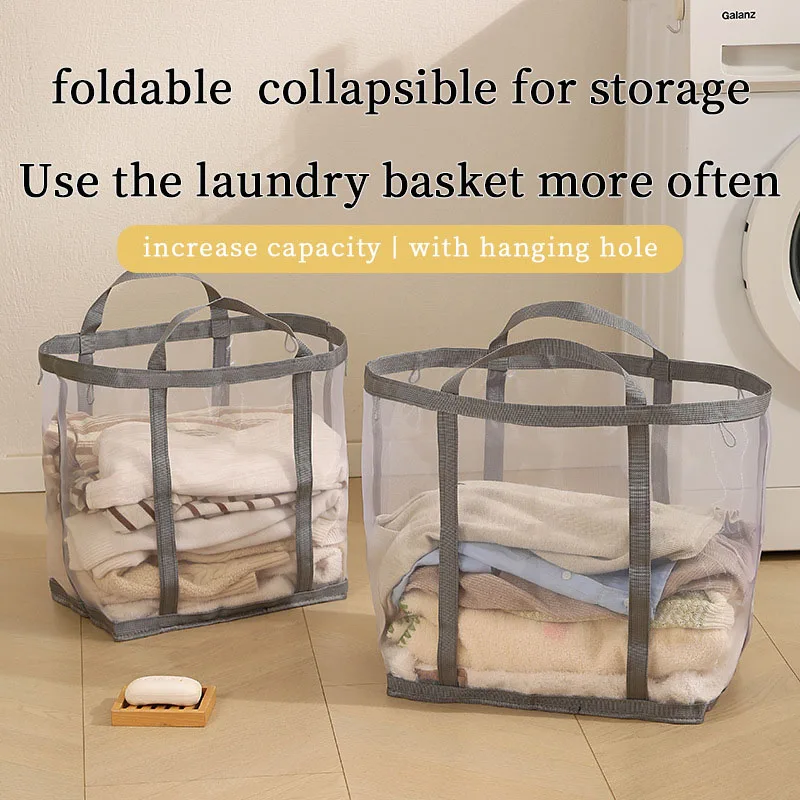 Laundry - メッシュランドリーバスケット ナイロン製 ハンドル付き 通気性 折りたたみ式 ポータブル